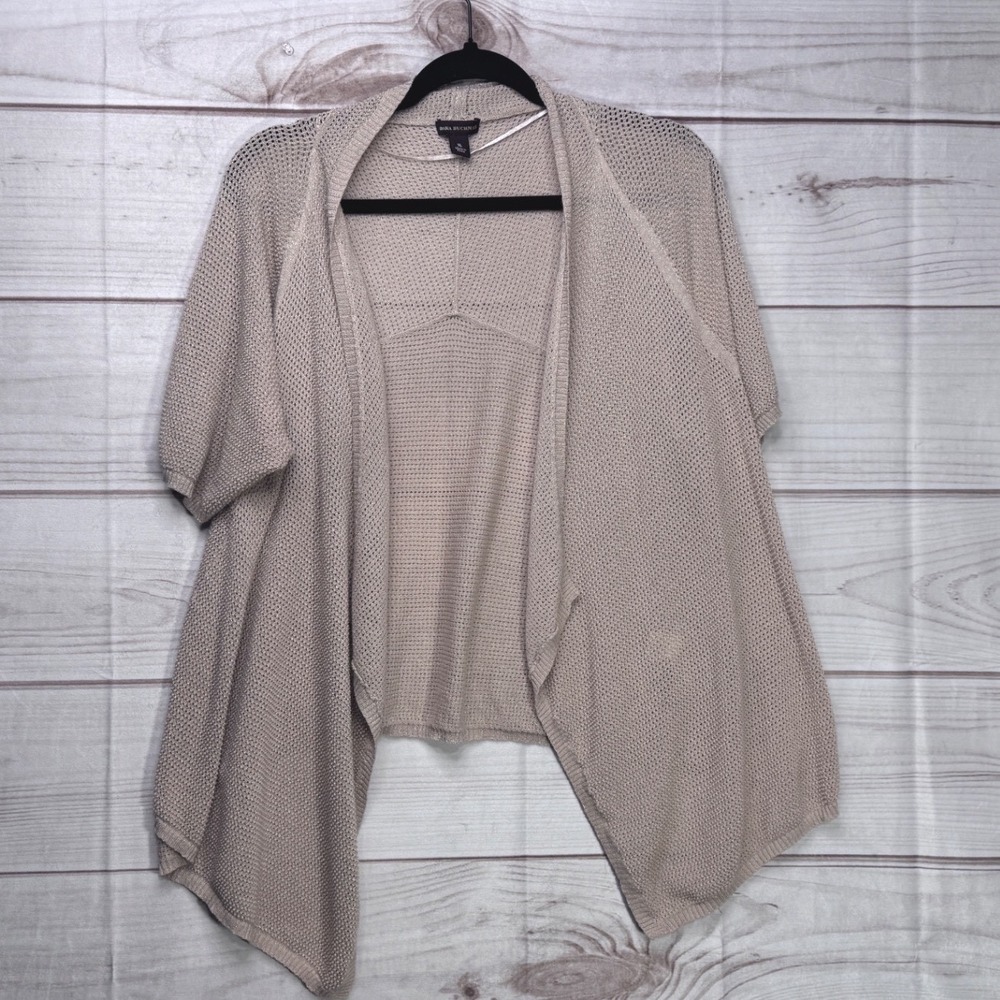 Dana Buchman XL Beige Gold Metallic Open Front Cardigan Mesh Knit Short Sleeve